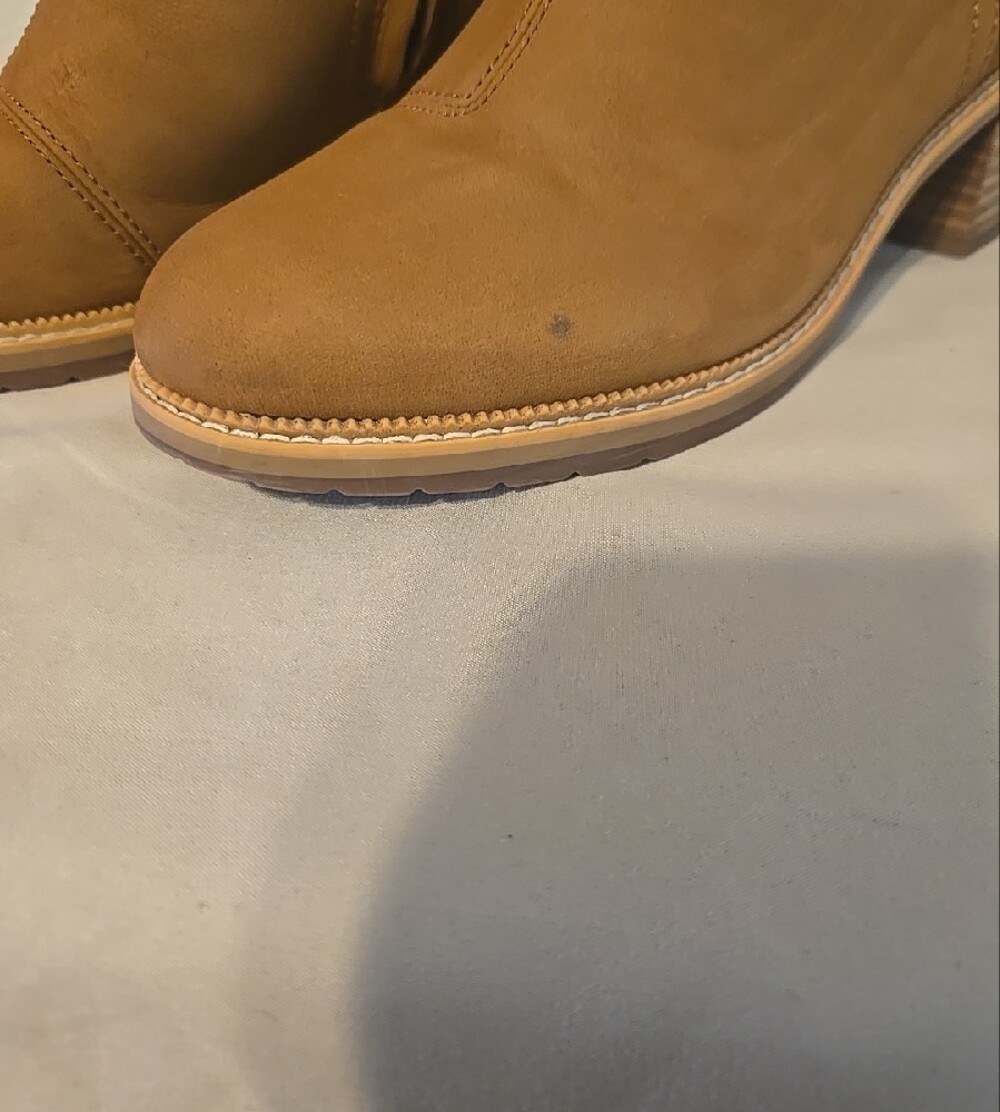 Women's Toms Tan Suede Ankle Booties - Classic Block Heel - Picture 3 of 7